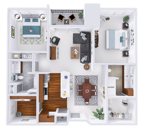 Floor plan for 2 beds, 2 baths, 1229 sqft